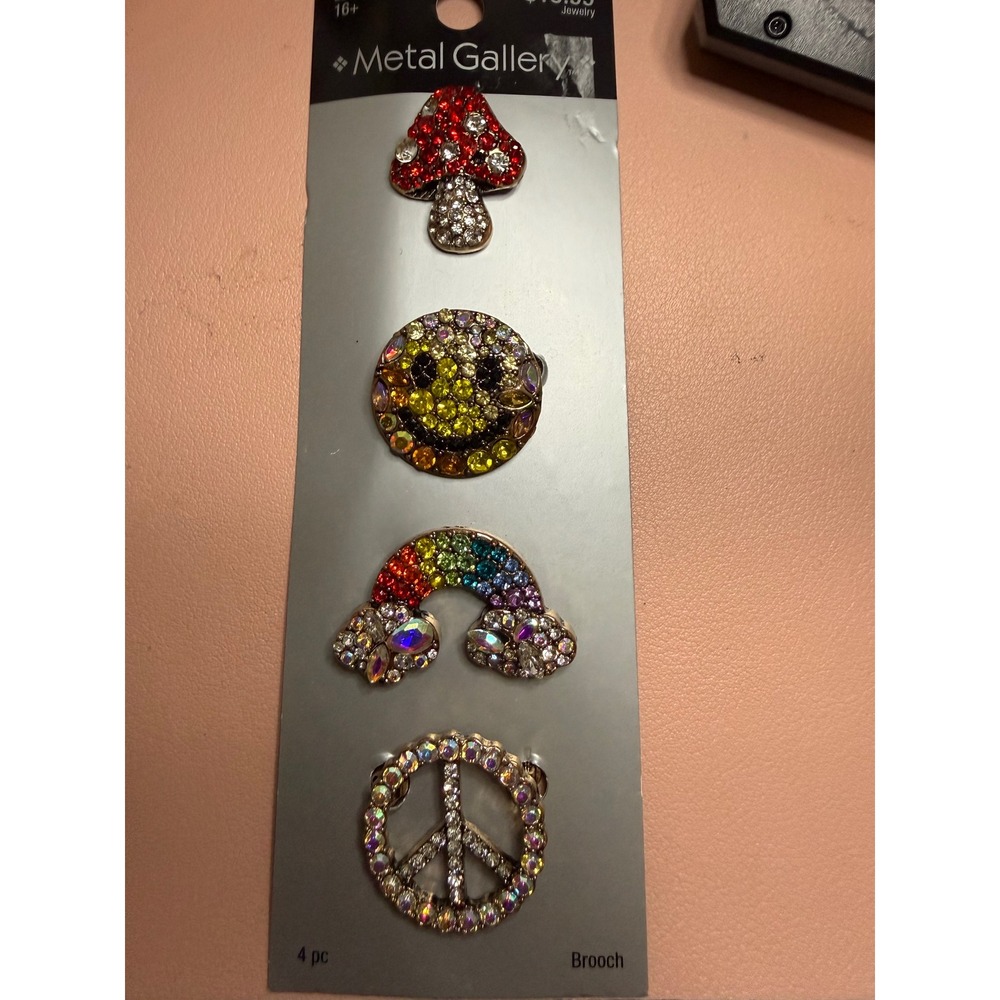 Metal Gallery 4pc Rhinestone Brooch Set Mushroom Smiley Rainbow Peace Sign Pins